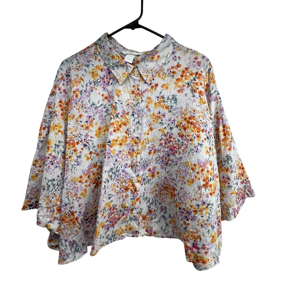 H&M Size XXL Linen Blouse Floral Garden Romantic Cropped Top Shirt Button Up
